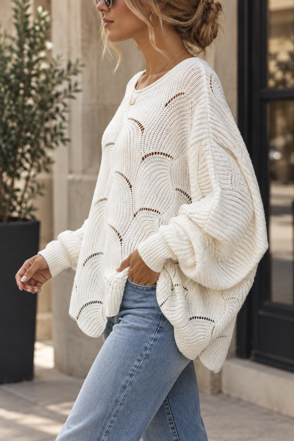 Pull Femme Oversize en Maille Ajourée – Motif Vague | Zelcara