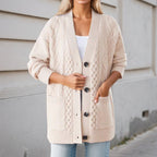 Gilet Oversize en Maille Torsadée Col V, Boutons et Poches