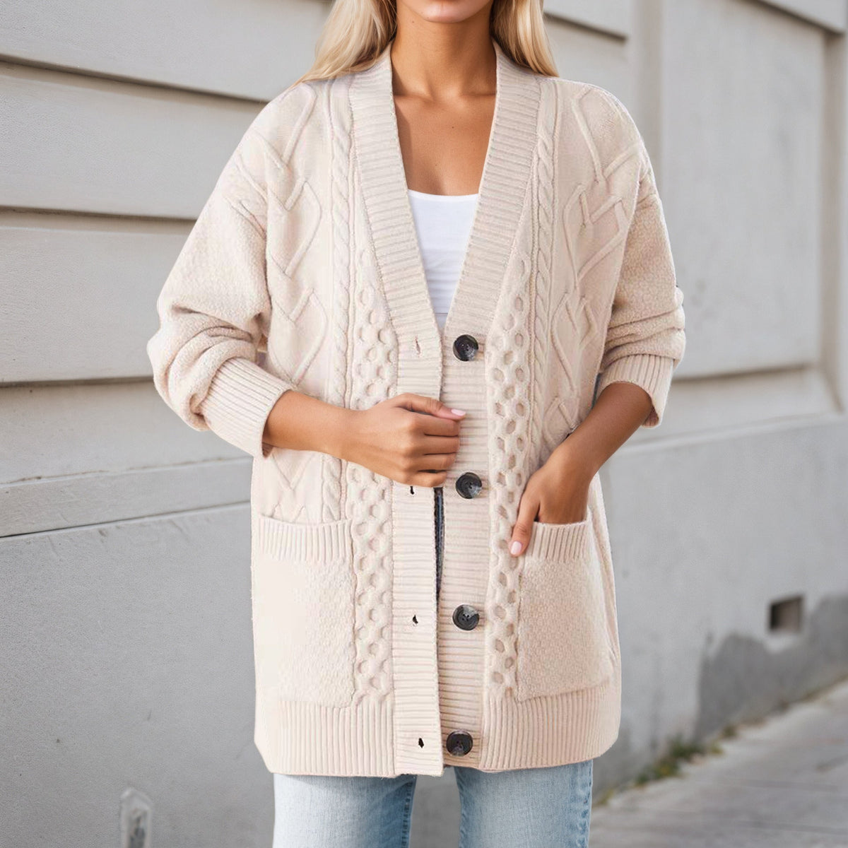 Gilet Oversize en Maille Torsadée Col V, Boutons et Poches