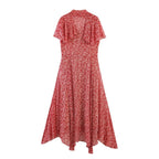 Red Floral Midi Dress with Tie Neck and Ruffled Sleeves