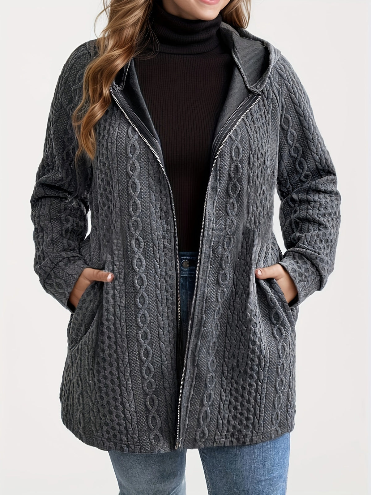 Veste Femme Effet Maille Torsadée à Capuche | Zelcara