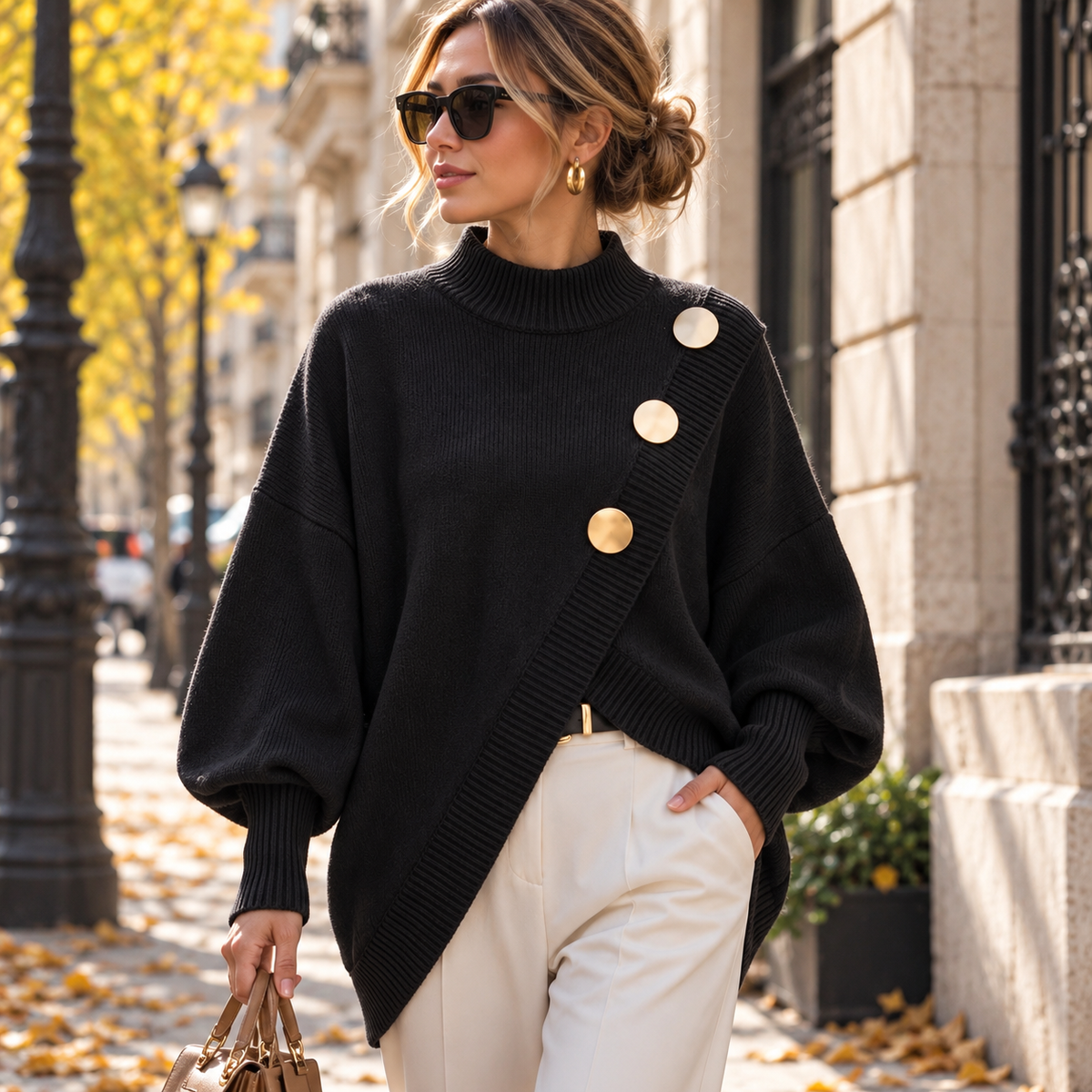 Pull Femme Élégant à Boutons Dorés Coupe Ample | Zelcara
