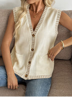 Gilet Femme Beige à Col V Boutonné Sans Manches | Zelcara