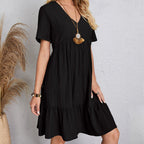 Robe Courte à Col V et Volants Fluide Décontractée