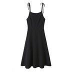 Robe Midi Noire à Bretelles à Nouer Coupe Évasée