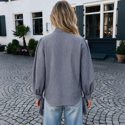Blouse à Carreaux Bleu Marine | Manches Bouffantes – Zelcara