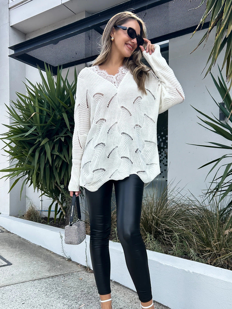 Pull Oversize en Maille Ajourée & Col V | Zelcara
