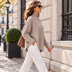 Pull Poncho en Maille Côtelée Col Montant | Zelcara