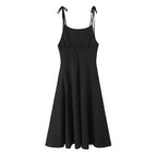 Robe Midi Noire à Bretelles à Nouer Coupe Évasée