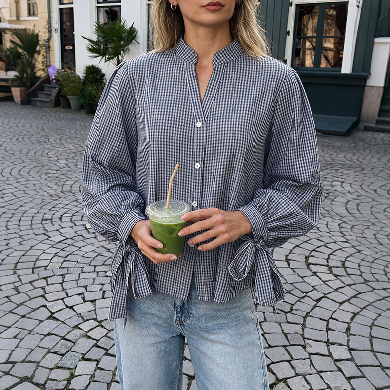Blouse à Carreaux Bleu Marine | Manches Bouffantes – Zelcara