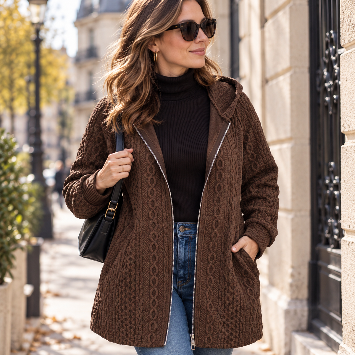 Veste Femme Effet Maille Torsadée à Capuche | Zelcara