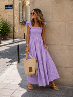 Robe Longue Vichy à Bretelles Volantées Bustier Smocké