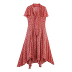 Red Floral Midi Dress with Tie Neck and Ruffled Sleeves