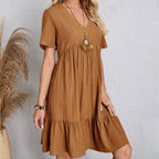 Robe Courte à Col V et Volants Fluide Décontractée