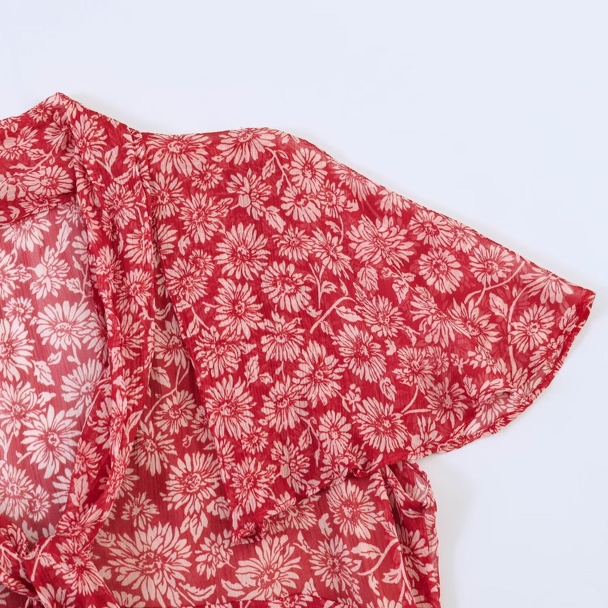 Red Floral Midi Dress with Tie Neck and Ruffled Sleeves
