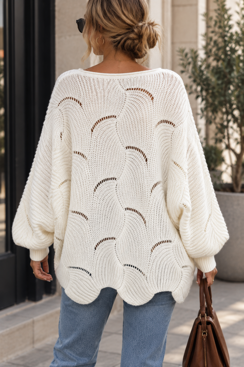 Pull Femme Oversize en Maille Ajourée – Motif Vague | Zelcara