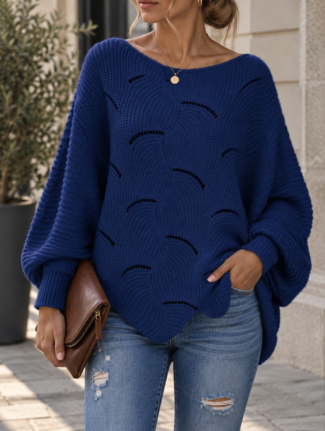Pull Femme Oversize en Maille Ajourée – Motif Vague | Zelcara