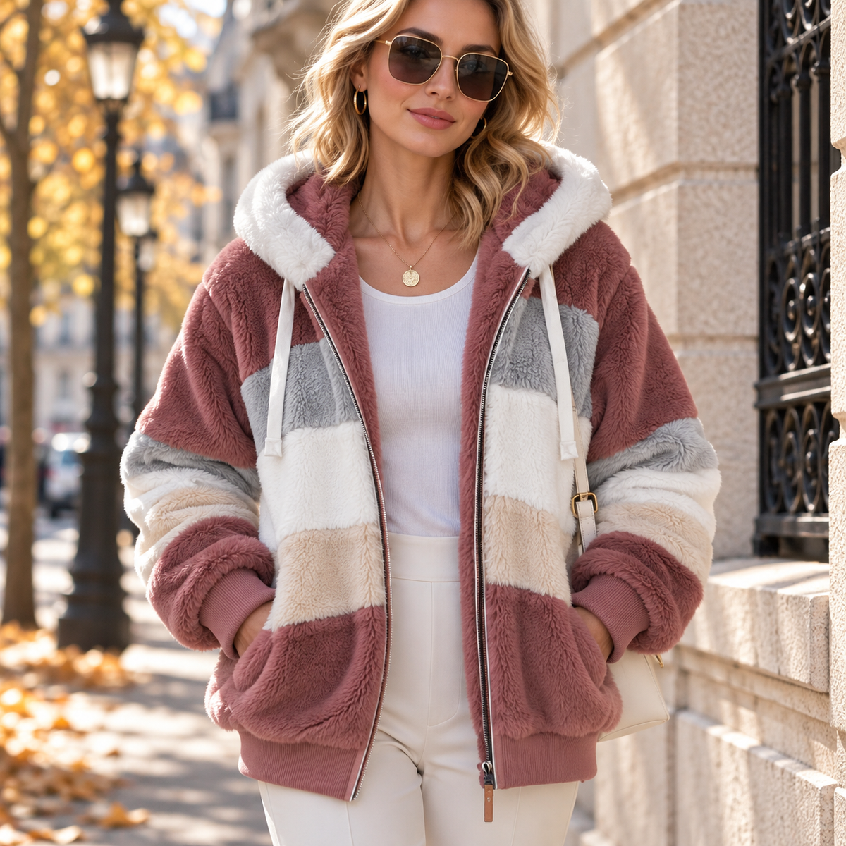 Veste Polaire Femme Color Block à Capuche | Zelcara