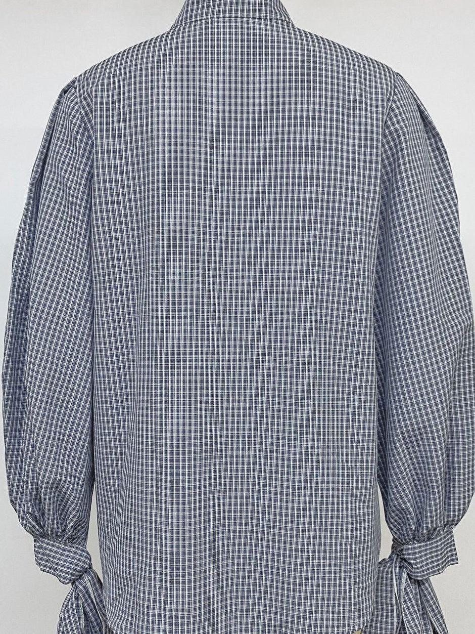 Blouse à Carreaux Bleu Marine | Manches Bouffantes – Zelcara