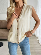 Gilet Femme Beige à Col V Boutonné Sans Manches | Zelcara