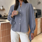 Blouse à Carreaux Bleu Marine | Manches Bouffantes – Zelcara