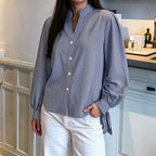 Blouse à Carreaux Bleu Marine | Manches Bouffantes – Zelcara