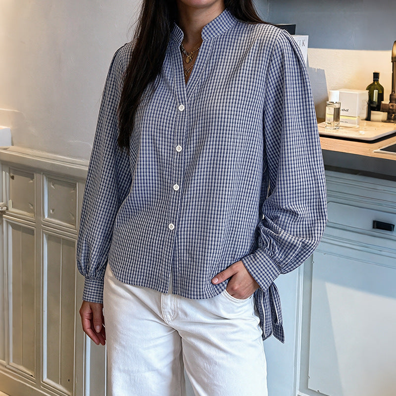 Blouse à Carreaux Bleu Marine | Manches Bouffantes – Zelcara