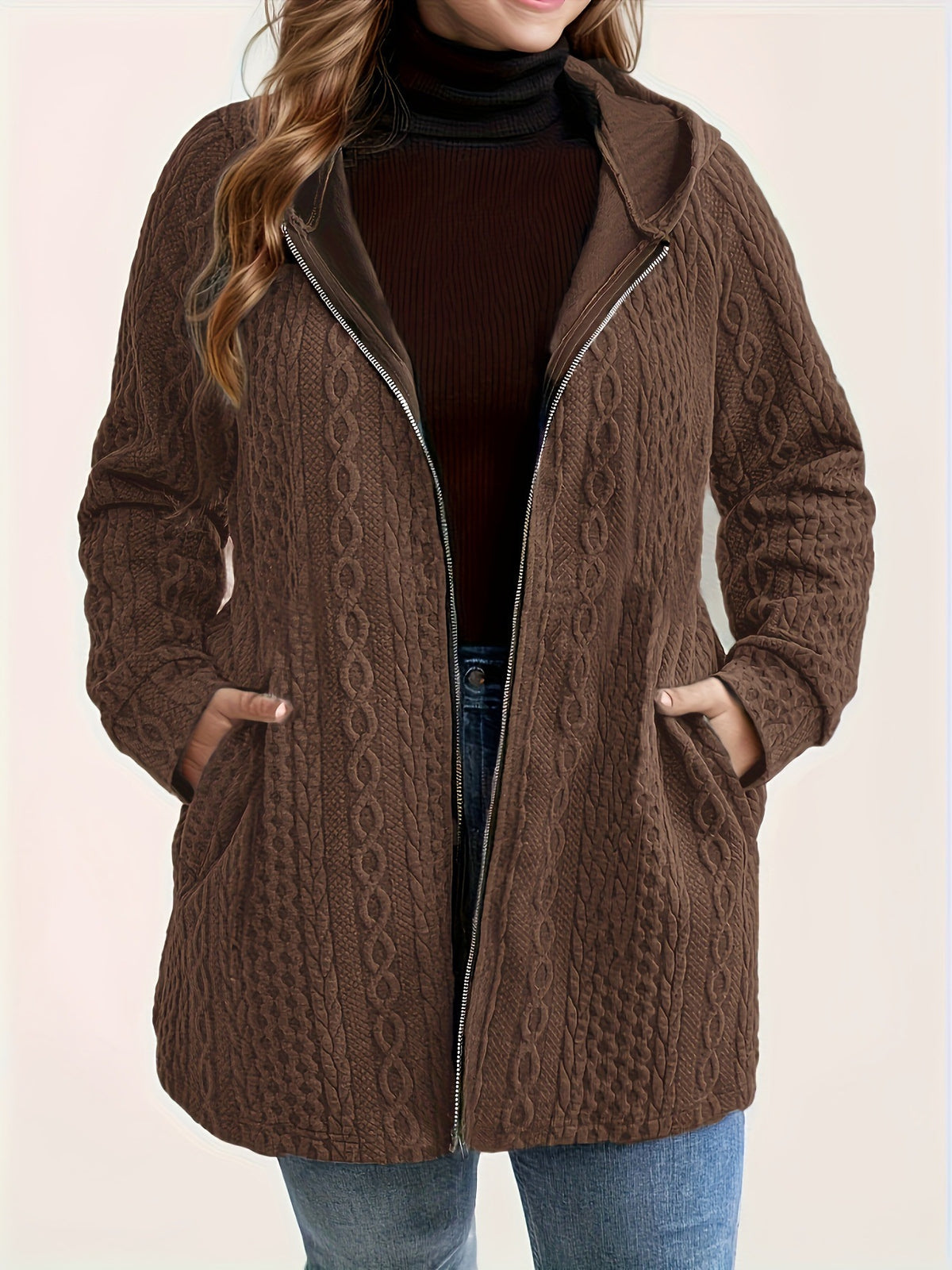 Veste Femme Effet Maille Torsadée à Capuche | Zelcara