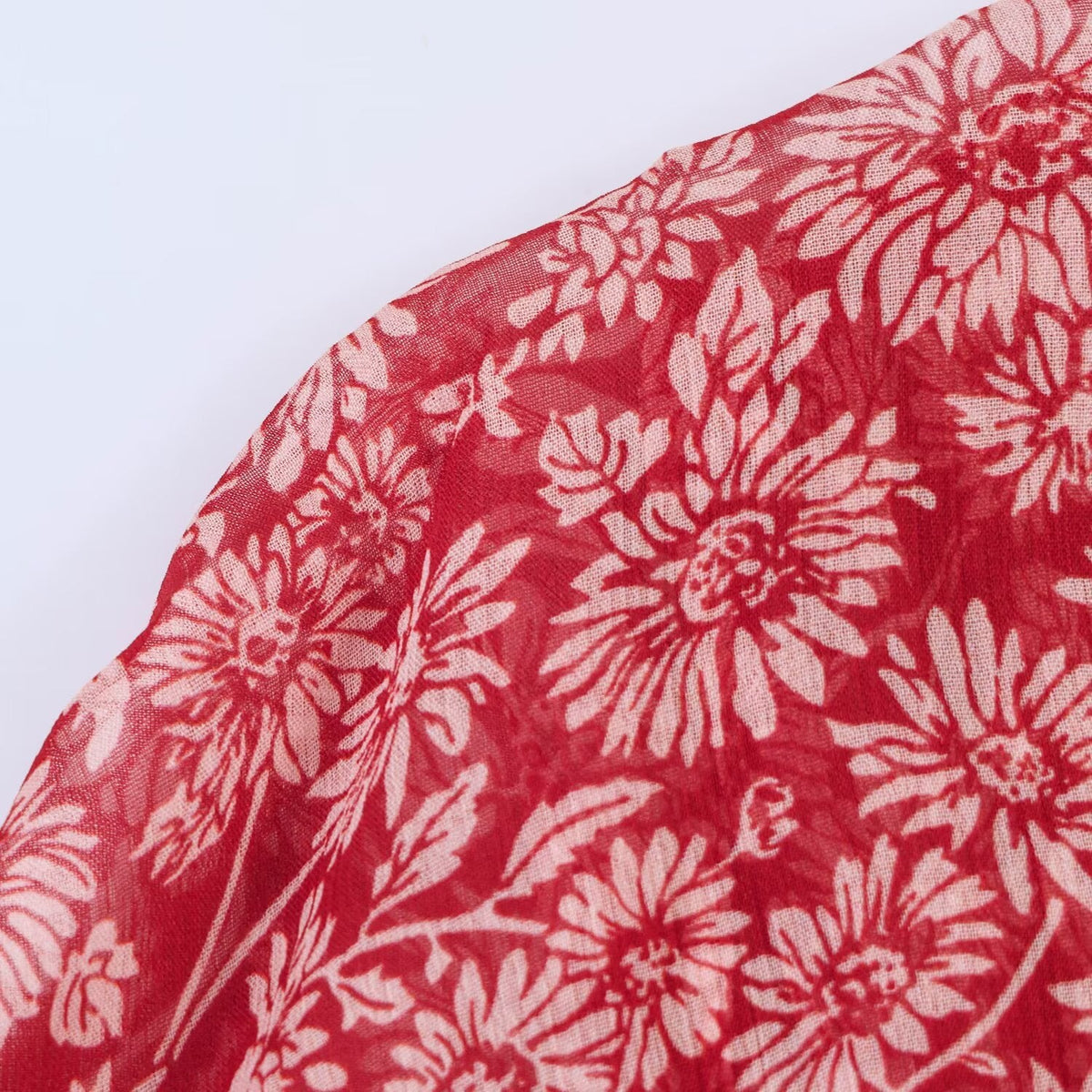 Red Floral Midi Dress with Tie Neck and Ruffled Sleeves