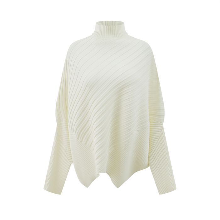 Pull Poncho en Maille Côtelée Col Montant | Zelcara