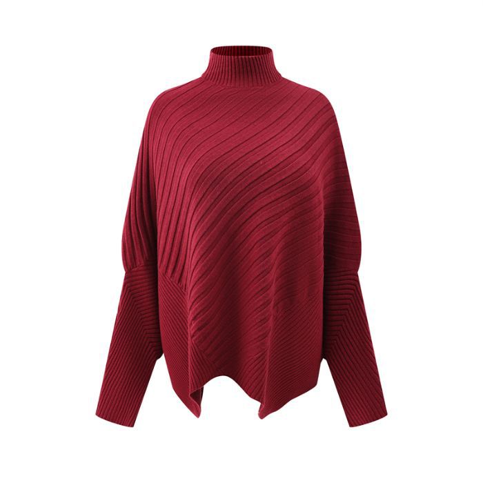Pull Poncho en Maille Côtelée Col Montant | Zelcara