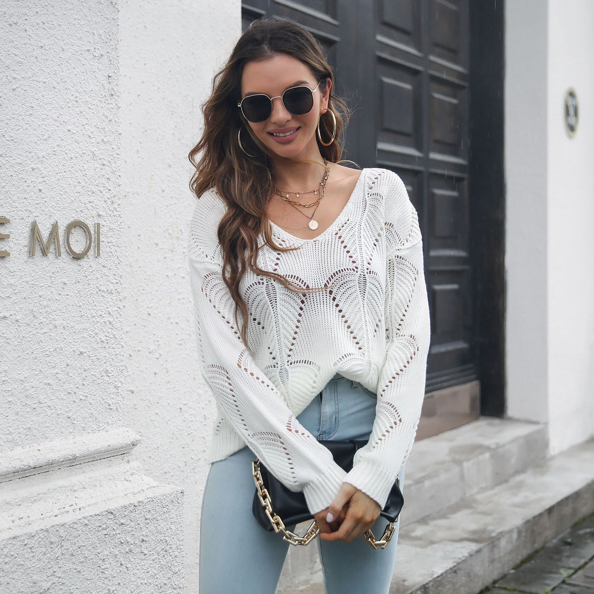 Pull Femme Col V en Maille Ajourée Coupe Ample | Zelcara