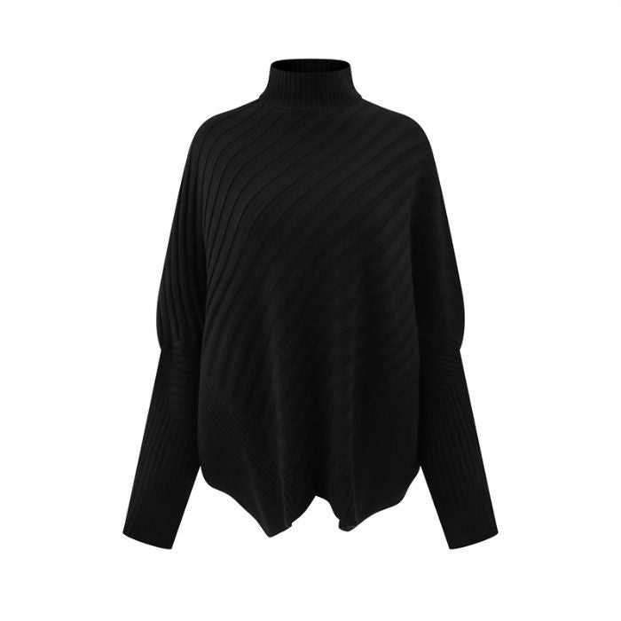 Pull Poncho en Maille Côtelée Col Montant | Zelcara