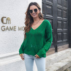 Pull Femme Col V en Maille Ajourée Coupe Ample | Zelcara