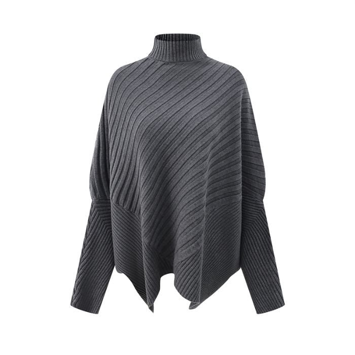 Pull Poncho en Maille Côtelée Col Montant | Zelcara