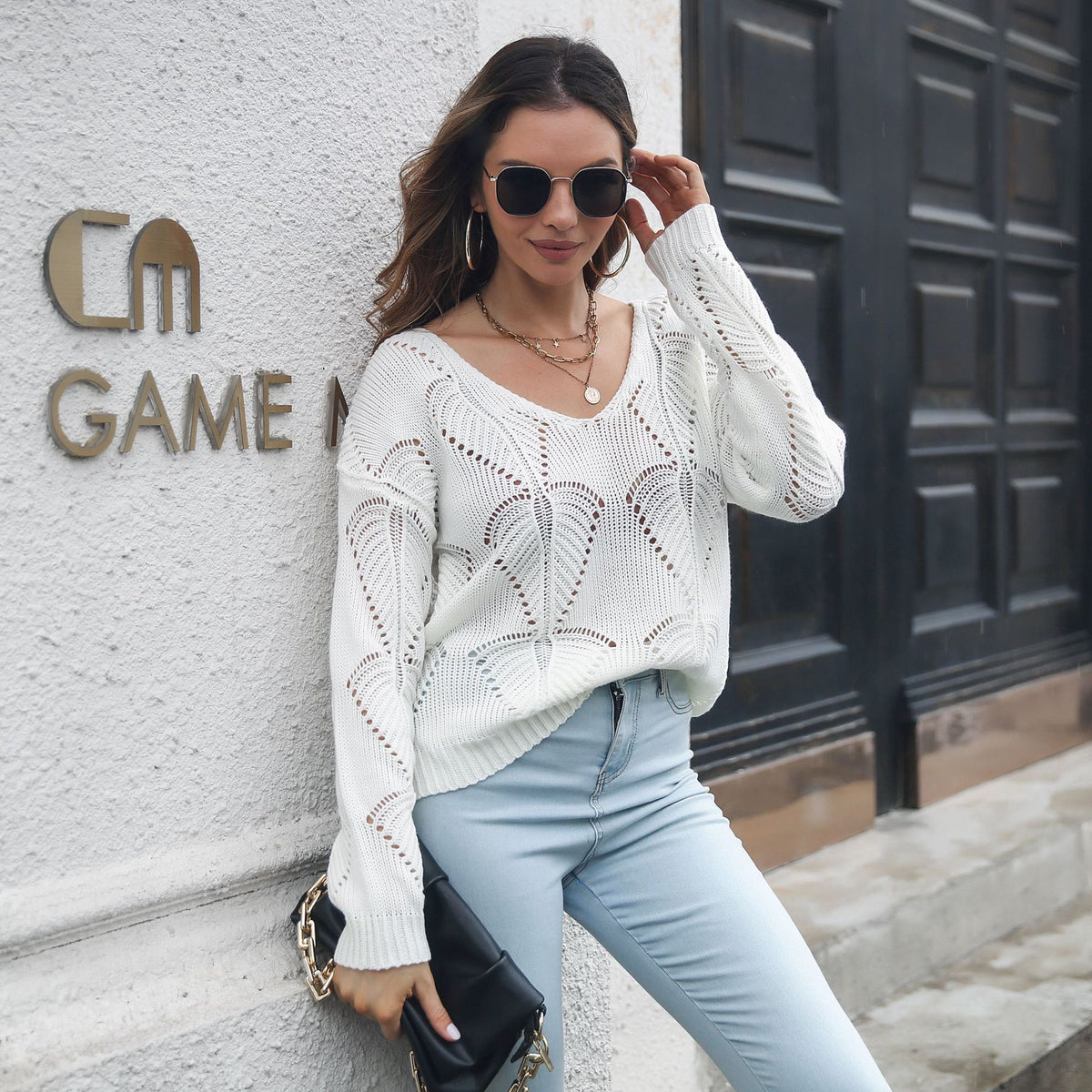 Pull Femme Col V en Maille Ajourée Coupe Ample | Zelcara