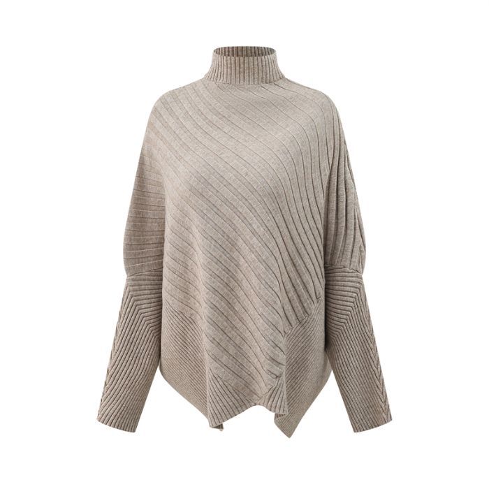Pull Poncho en Maille Côtelée Col Montant | Zelcara