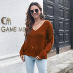 Pull Femme Col V en Maille Ajourée Coupe Ample | Zelcara