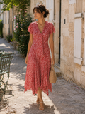 Red Floral Midi Dress with Tie Neck and Ruffled Sleeves