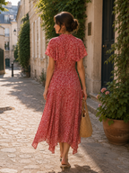 Red Floral Midi Dress with Tie Neck and Ruffled Sleeves