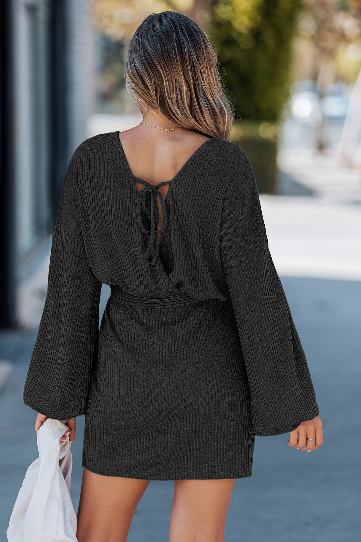 Robe Courte en Maille Côtelée Taille Nouée | Zelcara