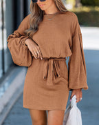 Robe Courte en Maille Côtelée Taille Nouée | Zelcara