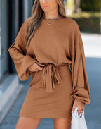 Robe Courte en Maille Côtelée Taille Nouée | Zelcara