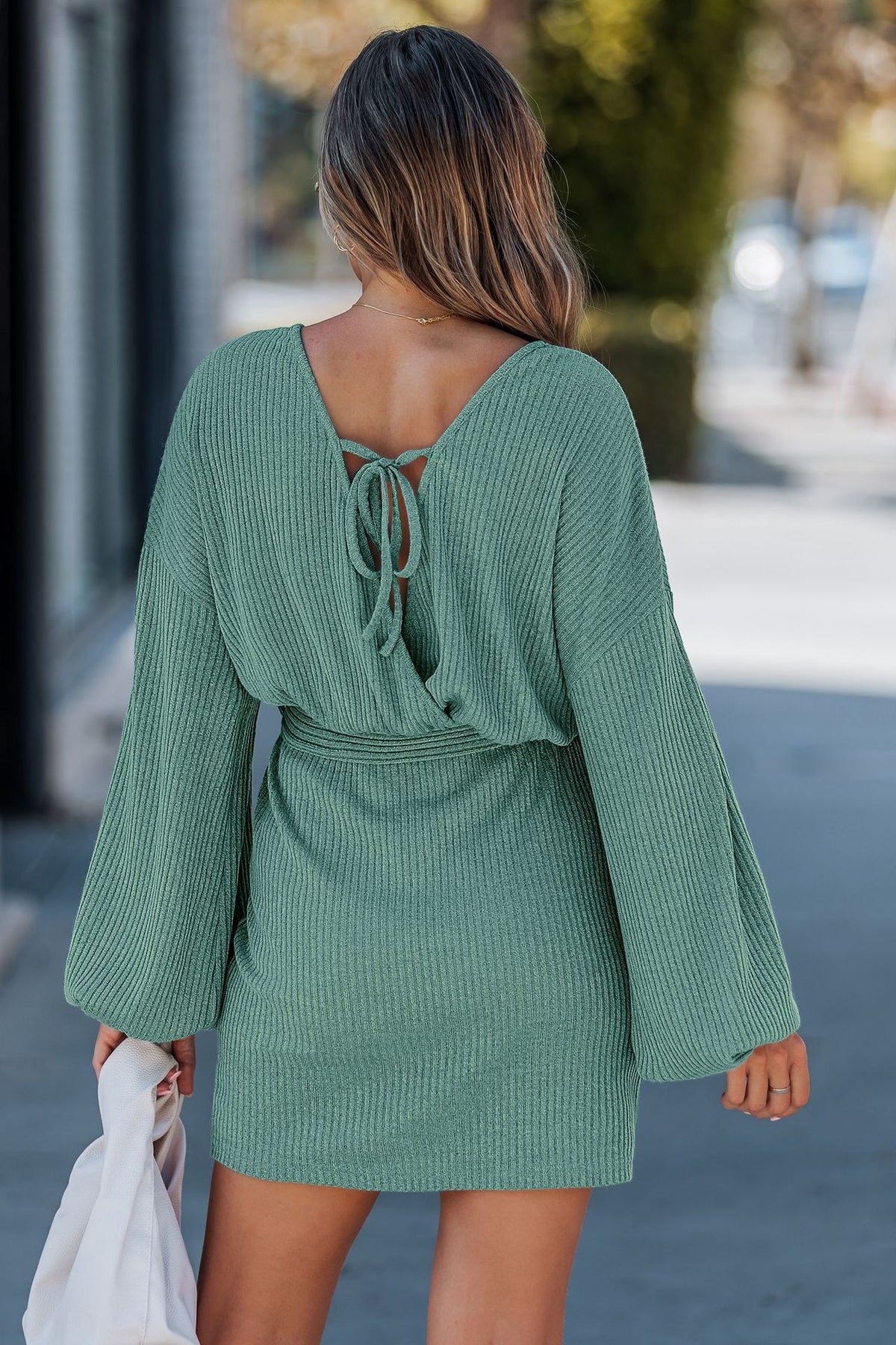 Robe Courte en Maille Côtelée Taille Nouée | Zelcara