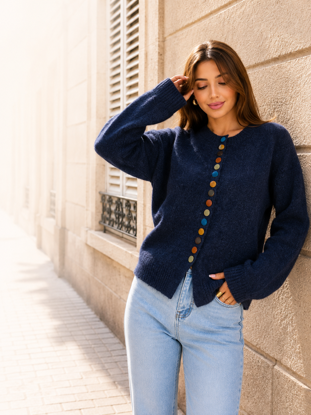 Cardigan en Maille Douce à Boutons Colorés Col Rond