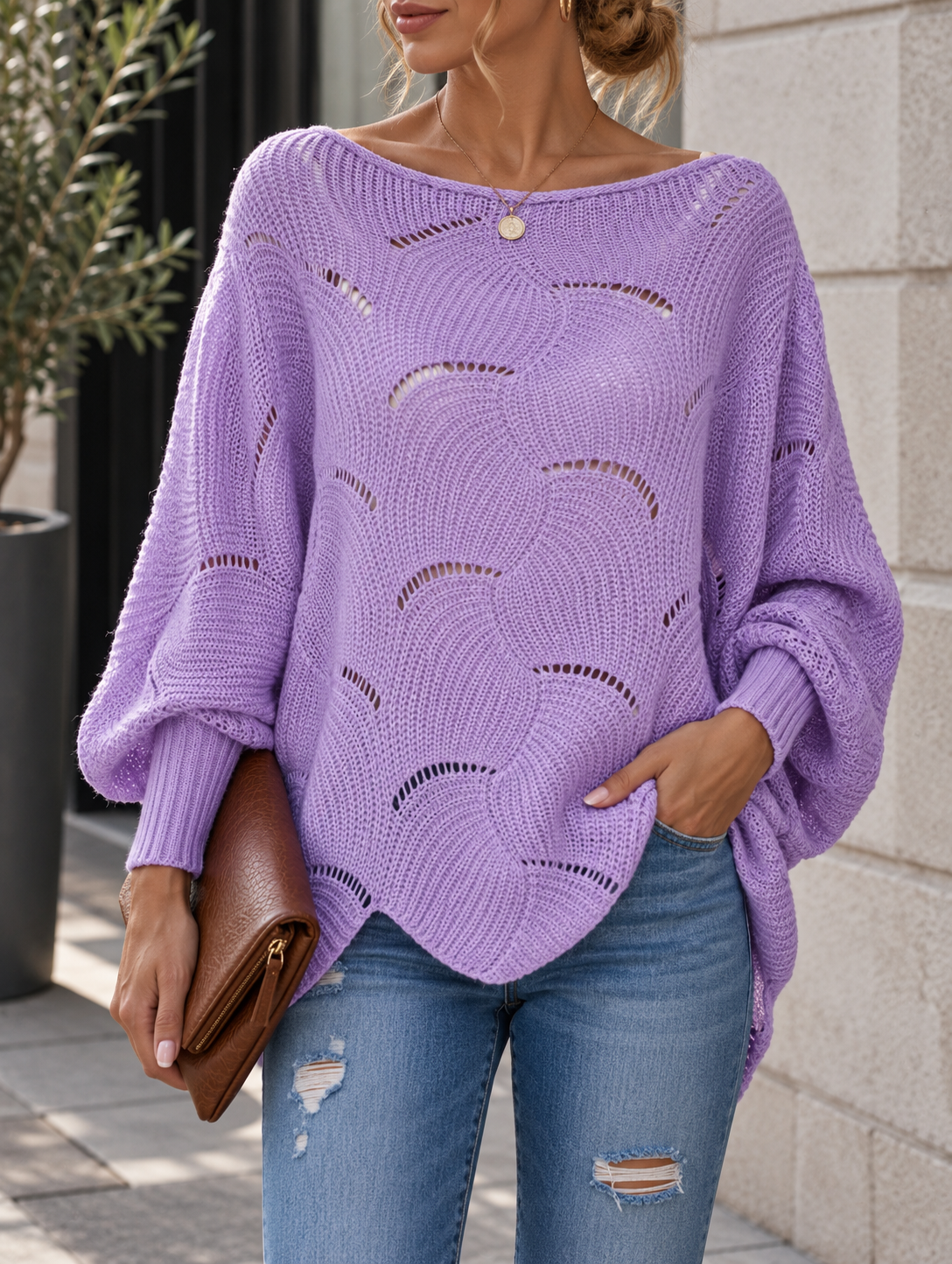 Pull Femme Oversize en Maille Ajourée – Motif Vague | Zelcara