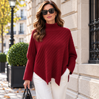 Pull Poncho en Maille Côtelée Col Montant | Zelcara